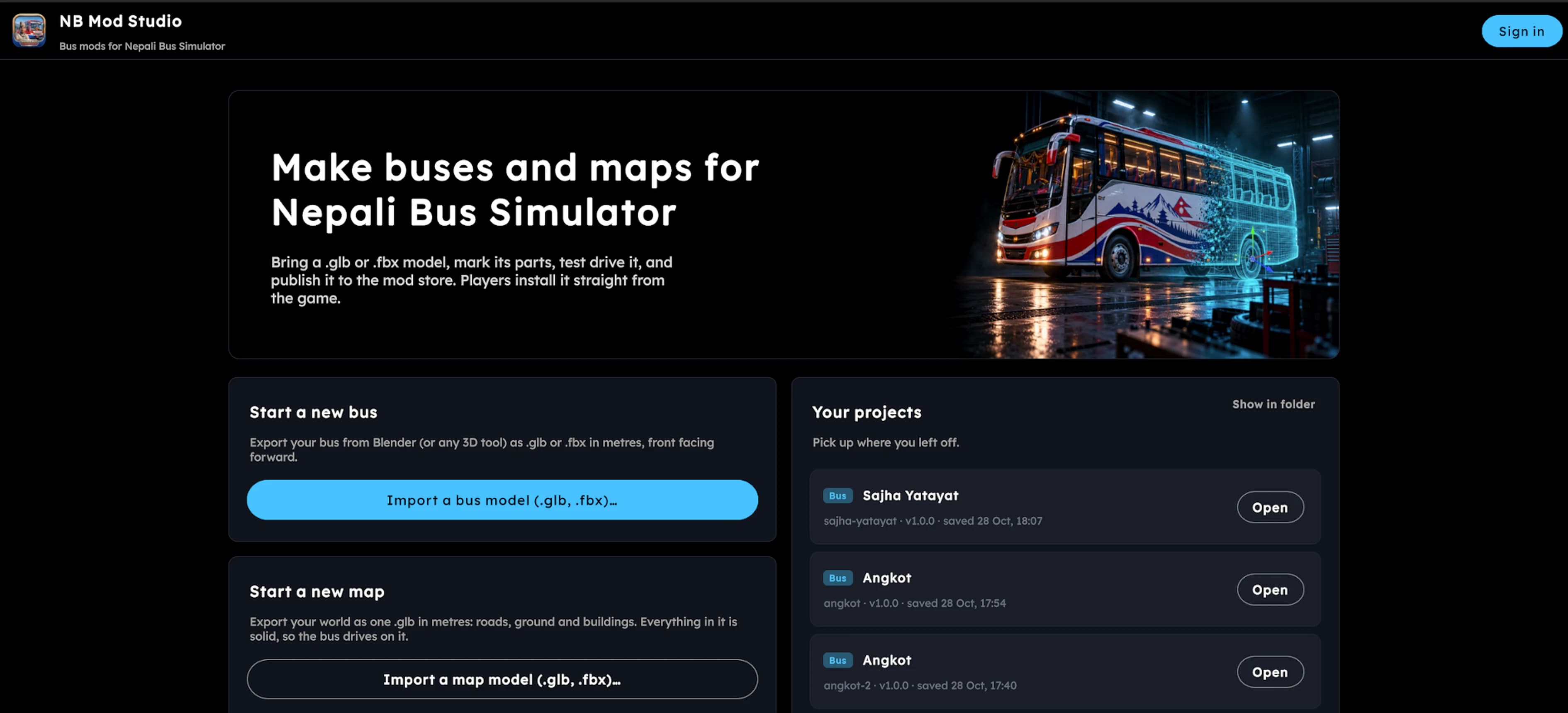 Mod Studio home: import a bus or map model and reopen saved projects