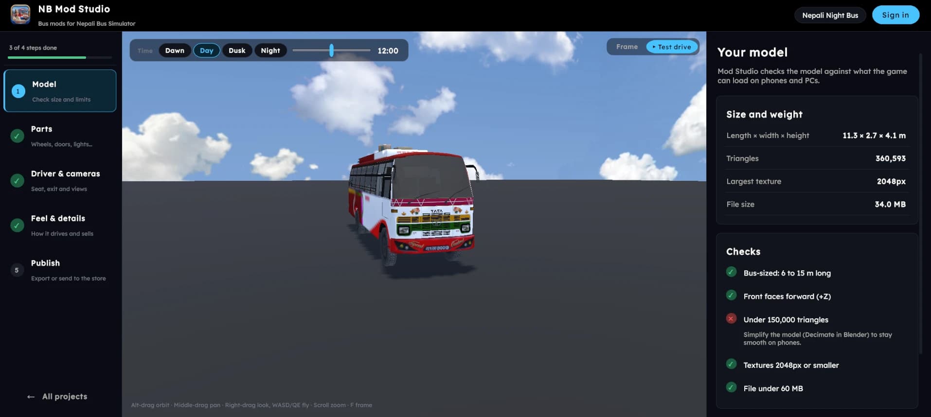 Mod Studio checking a bus model's size, triangle count and textures