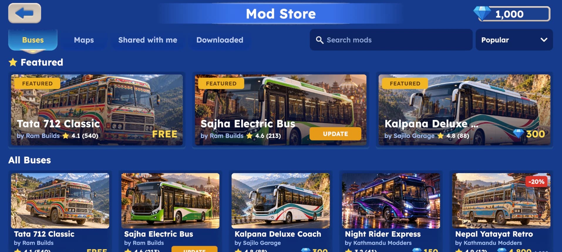 In-game Mod Store showing featured and community buses