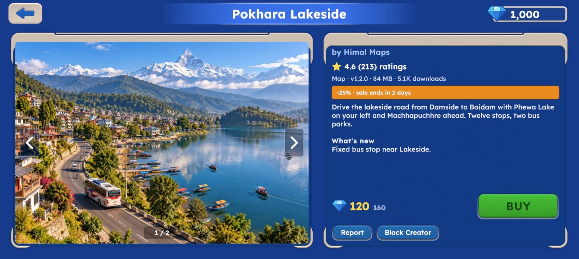 Pokhara Lakeside map page with ratings, changelog and a diamond price
