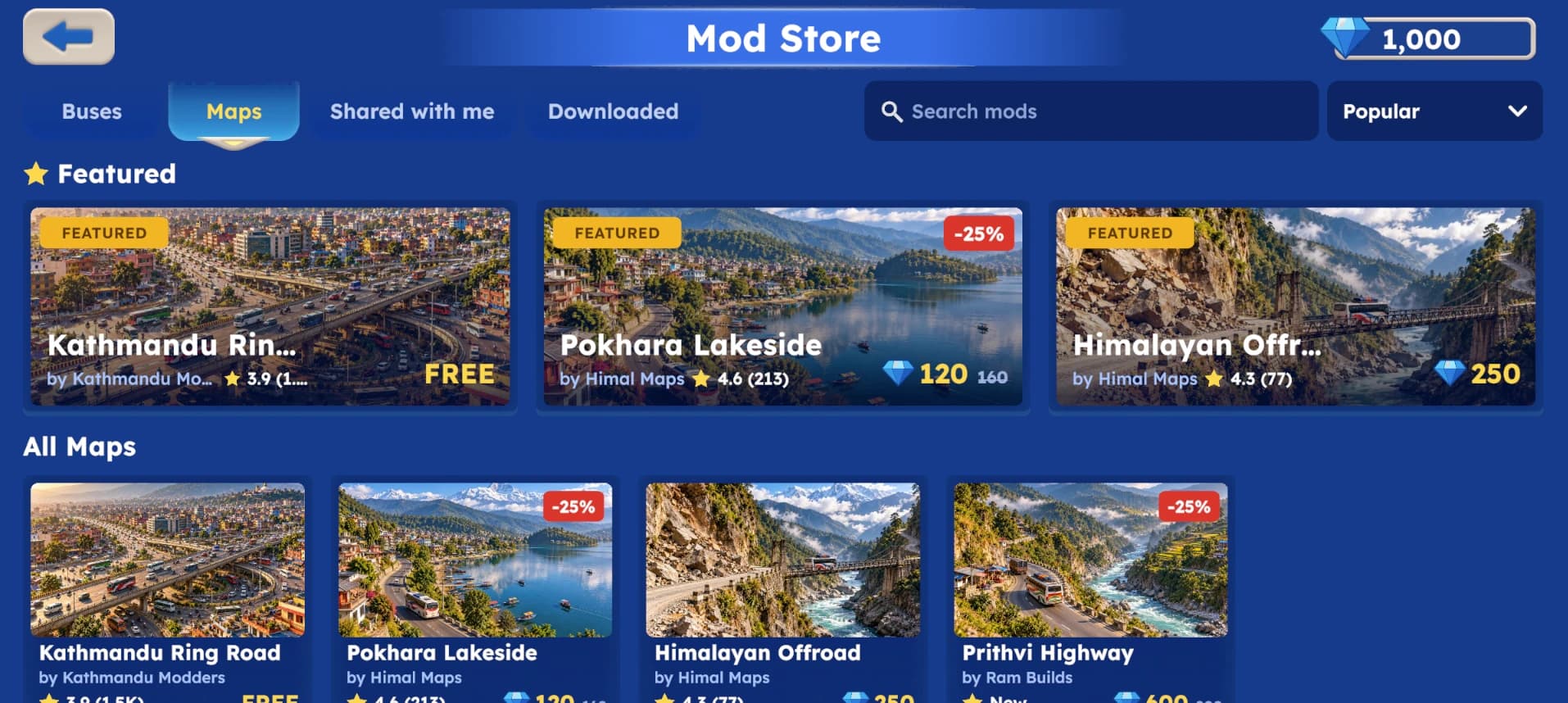 Mod Store maps tab with free and discounted maps